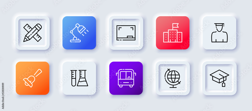 Education set icon. Ruler, pencil, table lamp, online conference, school, student, bell, chemistry, science, bus, globe, academic cap. Knowledge concept. Neomorphism. Vector line icon for Business