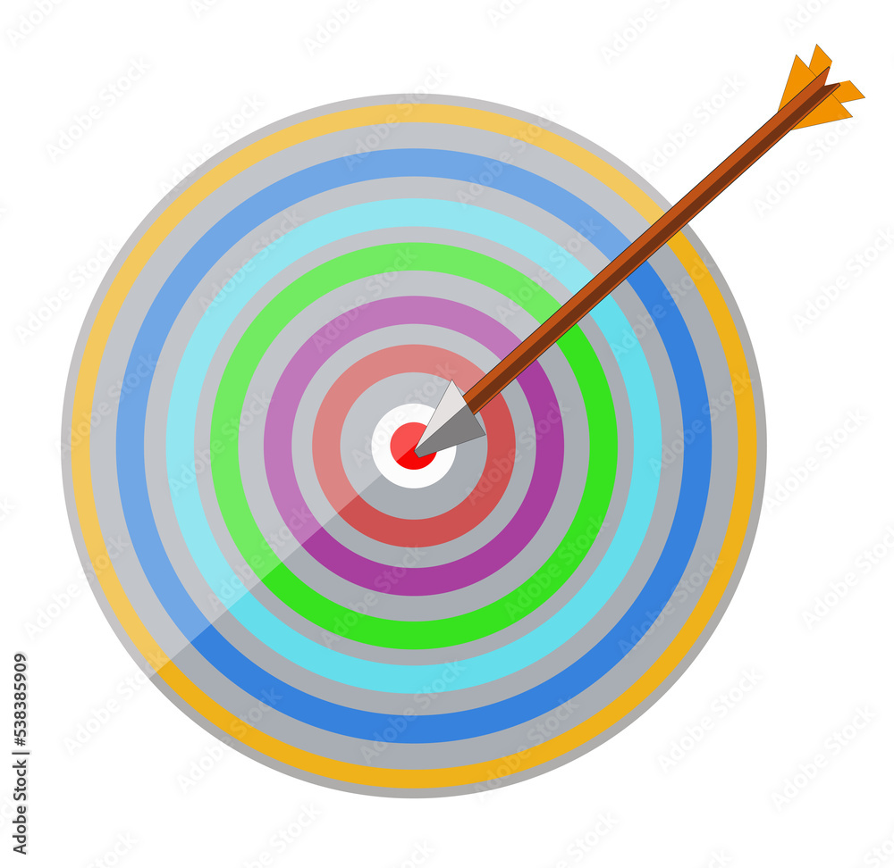 Multicolored target icon with arrow stuck in the center. Concept of achieving a goal in life or business. Multicolored target icon with arrow stuck in the center. Concept of achieving a goal in life or business.