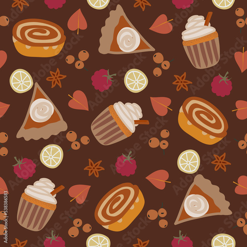 Seamless autumn treats pattern, Cozy fall wallpaper, Pumpkin pie, Cinnamon roll, Apple pie, Cupcake, Autumn food print, Cartoon style background, Pie pattern, Traditional autumn treats