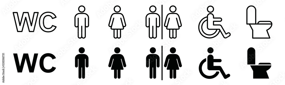 WC icon vector set. Toilet sign silhouette. Male or female toilet sign