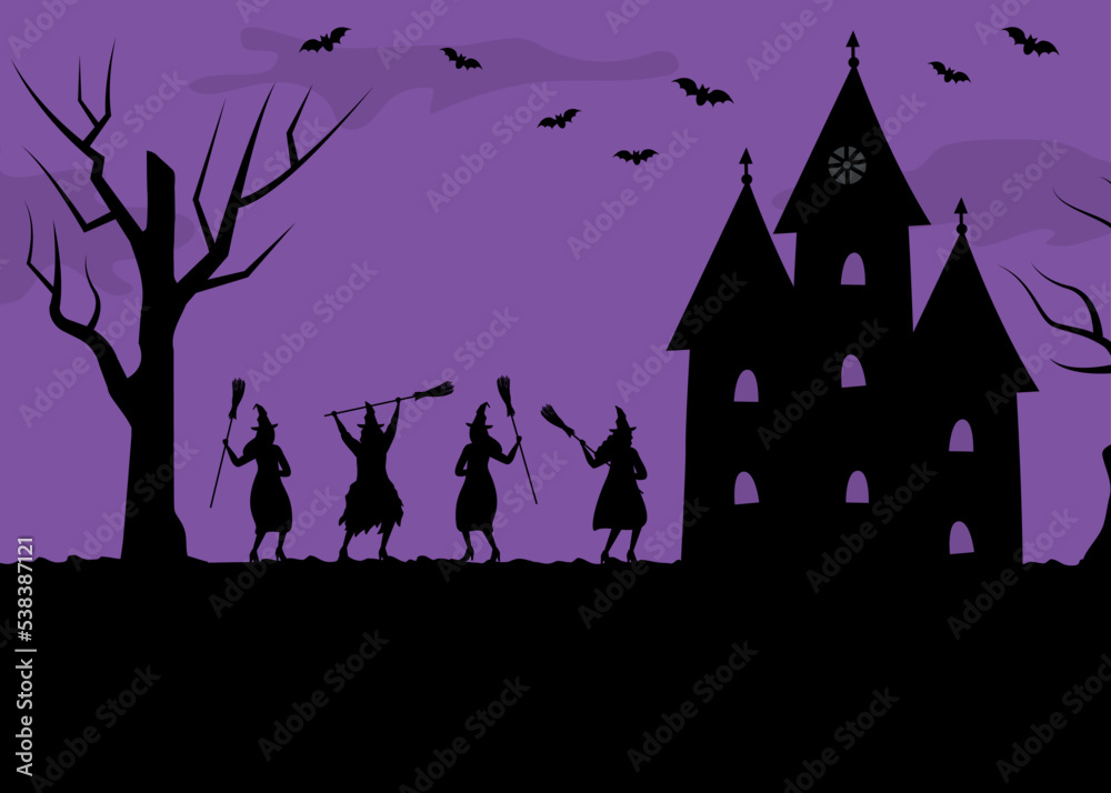 Halloween party template. Halloween coven. Witches dance with brooms. Black silhouettes of women, castle and trees on purple background. There are also bats in the picture. Vector illustration