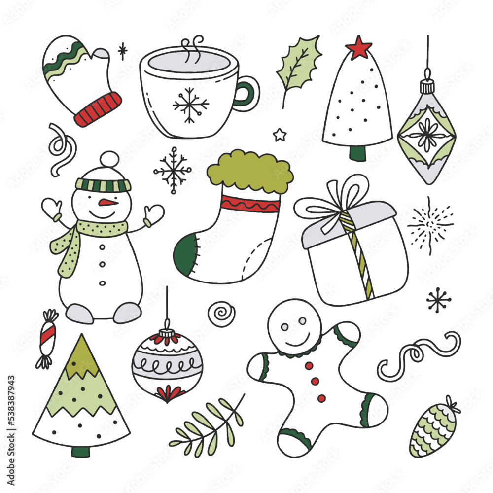 Fototapeta premium Set Christmas elements vector Illustration Doodle isolated on white Background Christmas Concept