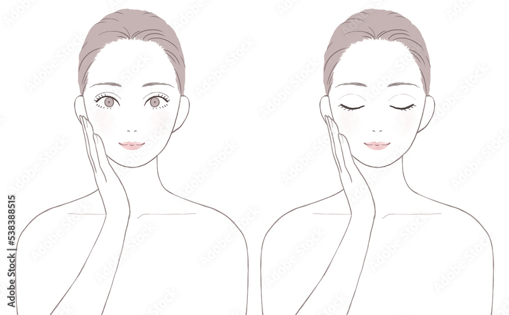 スキンケアをする女性 表情セット スキンケアをする女性 表情セット