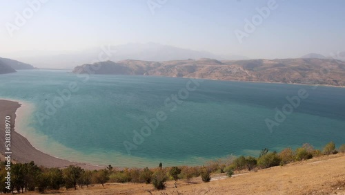 Panoramic shot of the Charvok reservoir in Uzbekistan. Landmark of Uzbekistan. photo