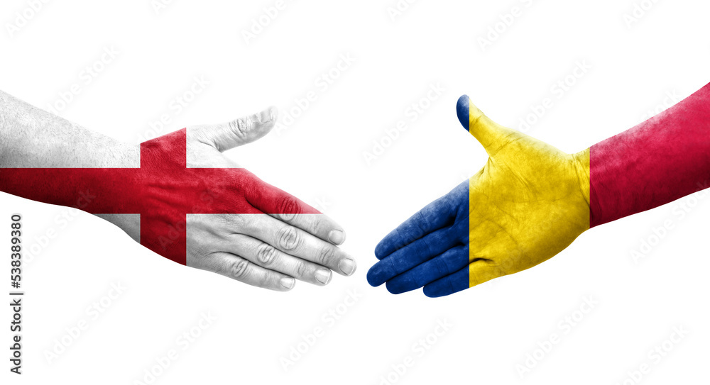 Handshake between Chad and England flags painted on hands, isolated transparent image. Handshake between Chad and England flags painted on hands, isolated transparent image.