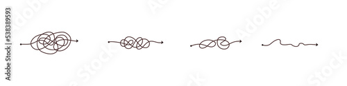 Simple line and complex easy way. Scribble doodle chaos mindset. Problem solving, difficult line. Vector hand drawn concept path