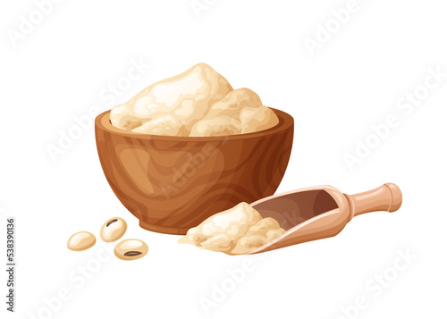 Soy flour in wooden bowl with seeds. Healthy gluten free food. Powde in organic product. Vector illustration isolated on white background