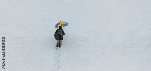 Person mit Schirm im Tiefen Schnee