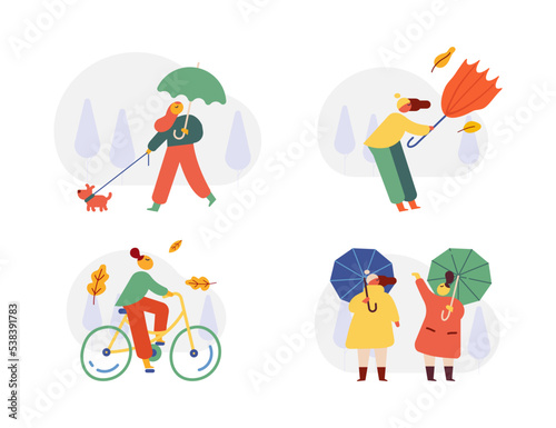 Autumn season. Fall, rain. People silhouette with umbrella flat vector