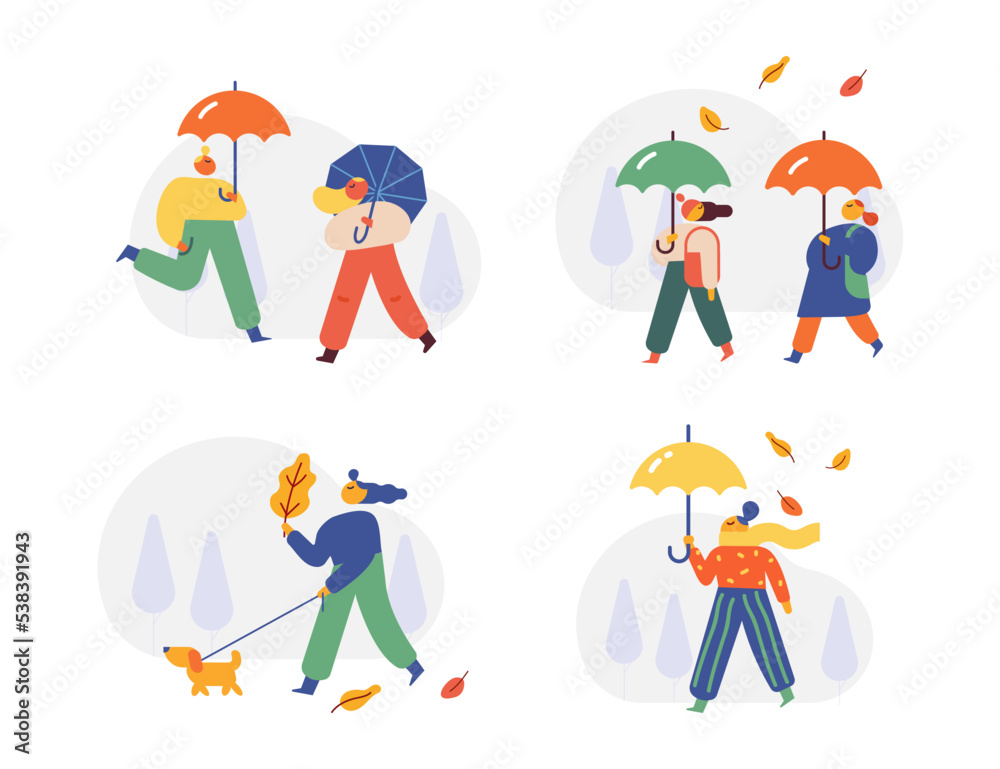 Autumn season. Fall, rain. People silhouette with umbrella flat vector Autumn season. Fall, rain. People silhouette with umbrella flat vector