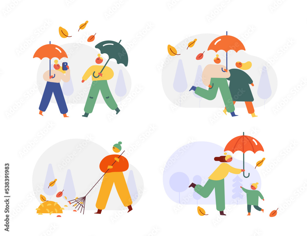 Autumn season. Fall, rain. People silhouette with umbrella flat vector