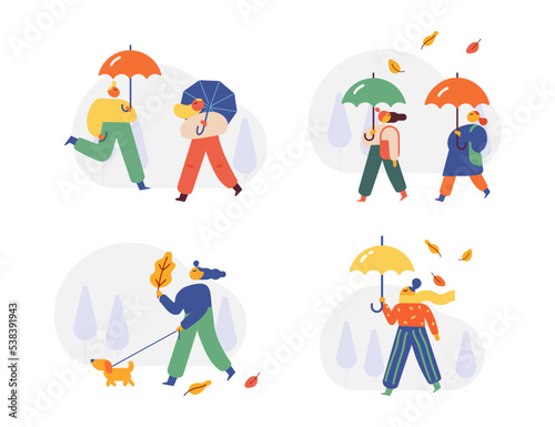 Autumn season. Fall  rain. People silhouette with umbrella flat vector