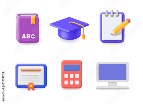 Education icons vector, Graduate cap, book, diploma, pencil. Learning and traning set.