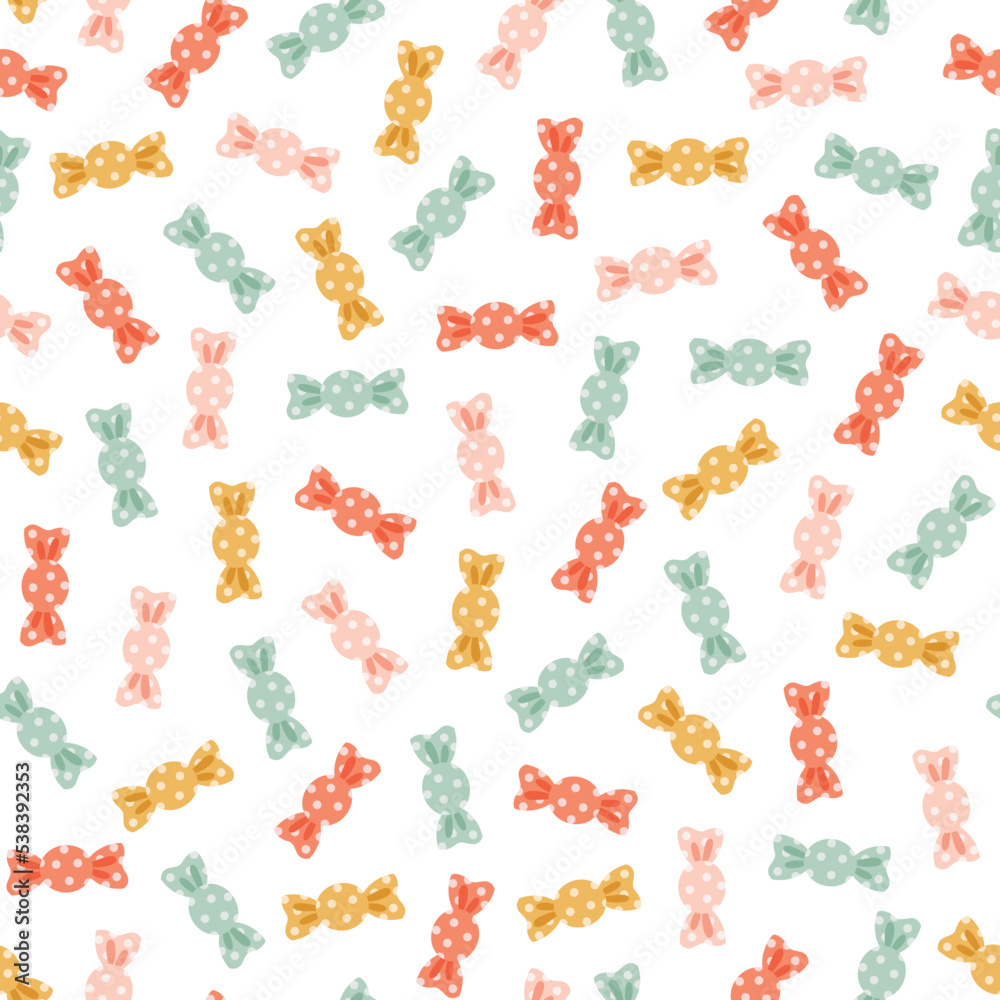 Seamless vector pattern with bunch of candies. Cute hand drawn colorful sweets. Fun doodle background for packaging, wrapping paper, banner, print, card, gift, fabric, textile, wallpaper.