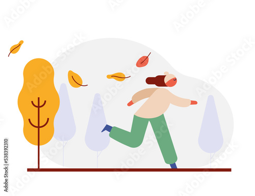 Autumn season. Fall, rain. People silhouette with umbrella flat vector