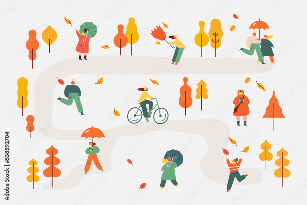 Fototapeta premium Autumn park. People silhouette with umbrellas flat vector illustration