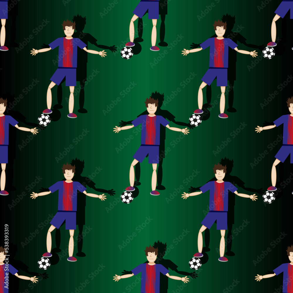 Fototapeta premium Seamless vector background with soccer players with football ball on green backdrop with shadow. Print for wallpaper children room.