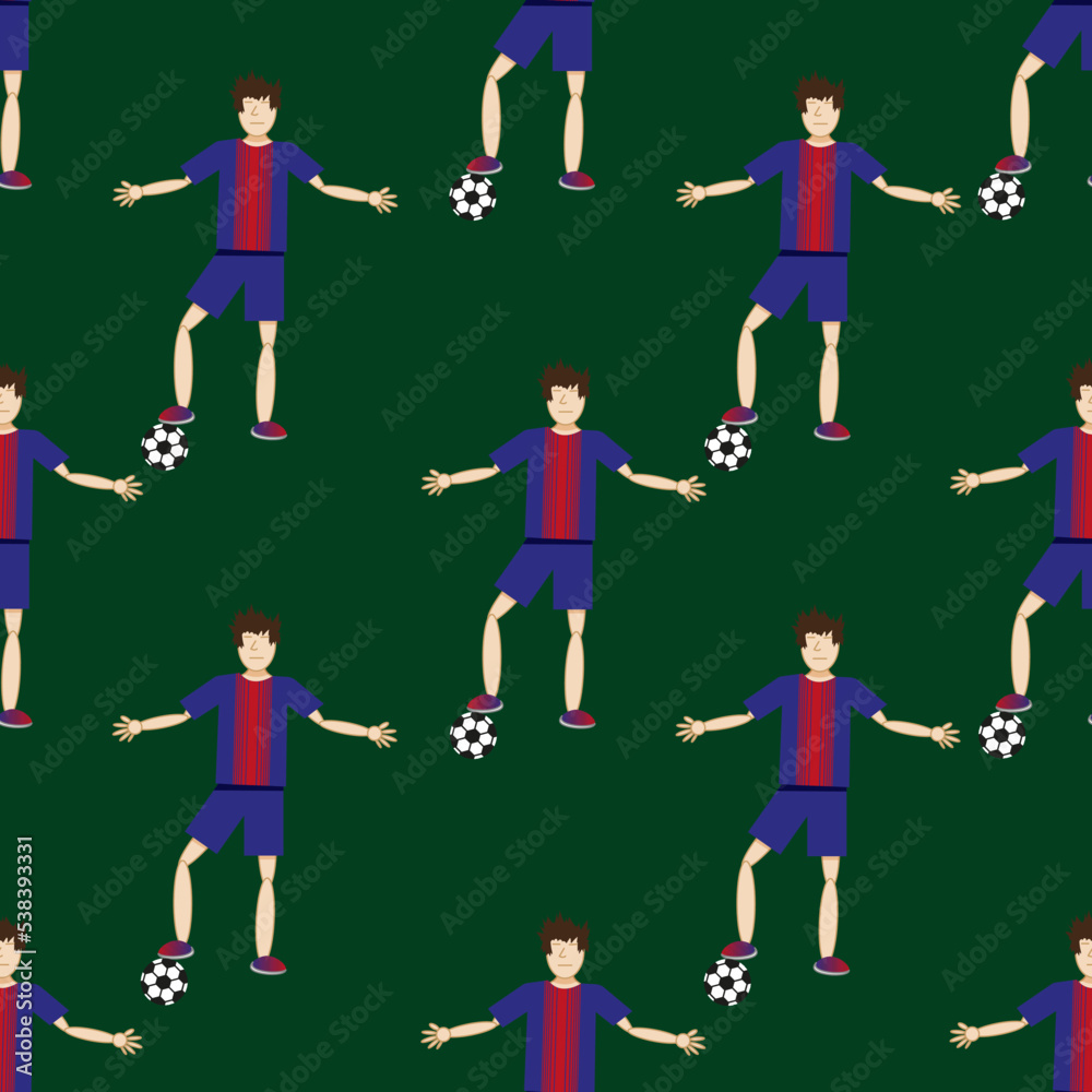 Fototapeta premium Seamless vector background with soccer players with football ball on green backdrop. Print for wallpaper children room.