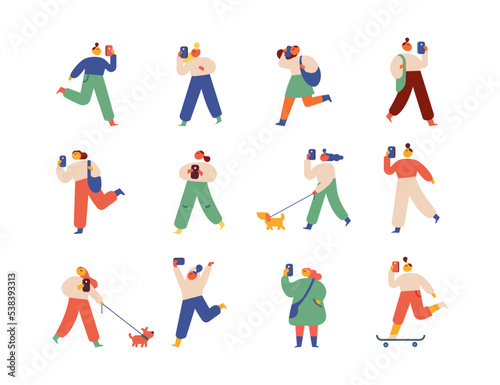 Cute people with cell phone flat vector illustration
