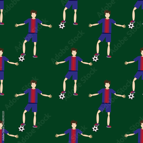 Seamless vector background with soccer players with football ball on green backdrop. Print for wallpaper children room.