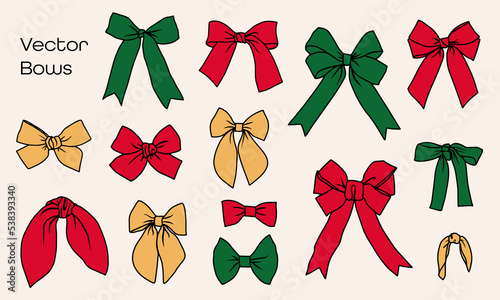Bundle of hand drawn isolated holiday gift ribbons. Collection of vector graphical decorative bows.