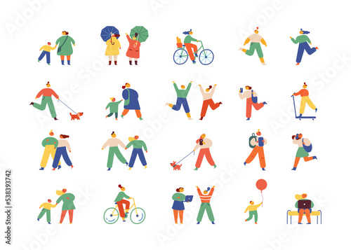 City people. Crowd. Cute people walking outdoor flat vector set