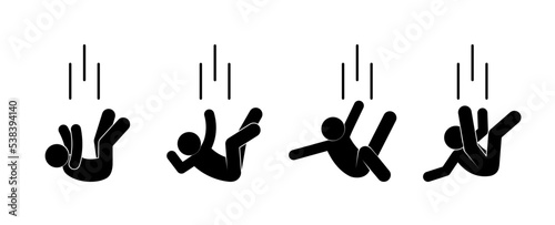 falling people from a height illustration, pose of a fallen person, stick figure icon man, isolated silhouettes