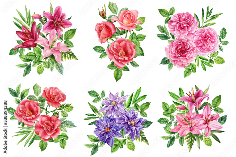 Set of watercolor floral elements, Delicate flowers on a white background. Greeting cards, wedding invitations