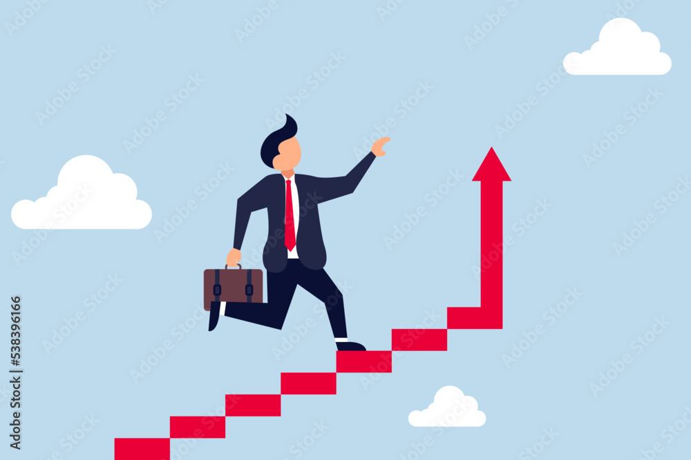 Improvement or career growth, stairway to success, confidence businessman step walking up stair of success with rising up arrow. Improvement or career growth, stairway to success, confidence businessman step walking up stair of success with rising up arrow.