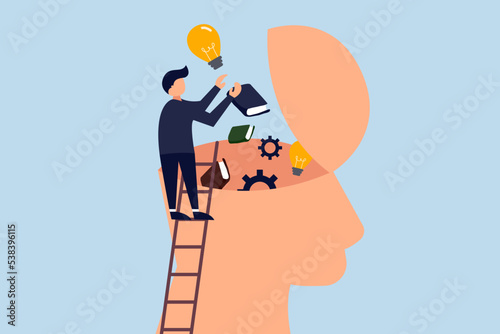 Upskill, learn new things or knowledge development for new skill and improve job qualification concept, man putting light bulb ideas, and books into human head to upgrade working skill.