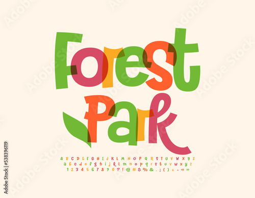 Vector artistic sign Forest park with decorative Leaf. Watercolor bright Font. Creative set of funky Alphabet Letters, Numbers and Symbols