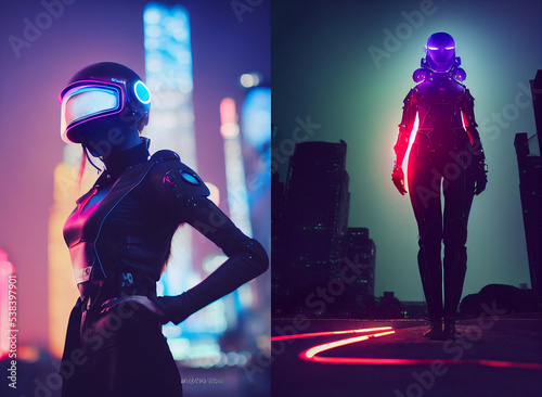Futuristic cyberpunk android, futuristic city, dancing people in the nightclub