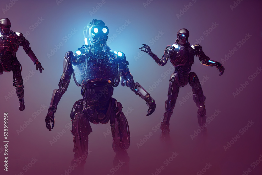 Fototapeta premium Cyborg 3D illustration with dramatic futuristic lighting in an action position Poster design with copy space 