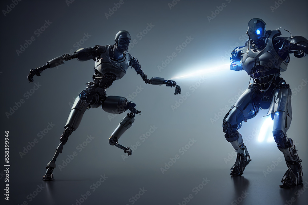 Cyborg 3D illustration with dramatic futuristic lighting in an action position Poster design with copy space Cyborg 3D illustration with dramatic futuristic lighting in an action position Poster design with copy space