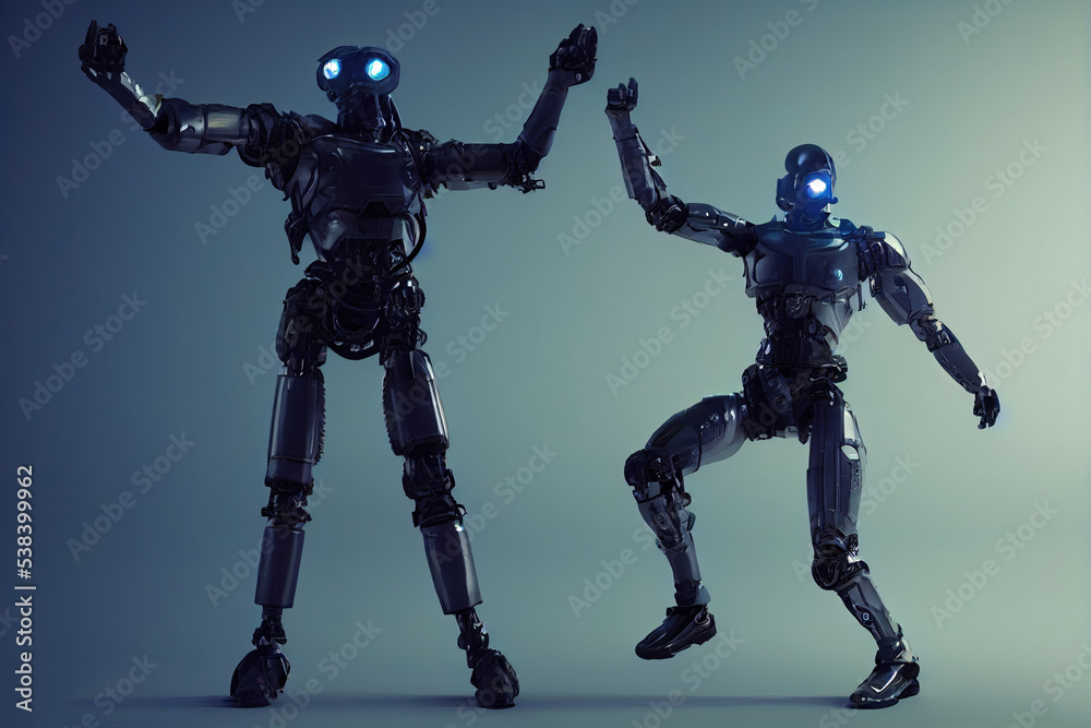 Cyborg 3D illustration with dramatic futuristic lighting in an action position Poster design with copy space Cyborg 3D illustration with dramatic futuristic lighting in an action position Poster design with copy space