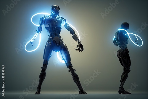 Cyborg 3D illustration with dramatic futuristic lighting in an action position Poster design with copy space 
