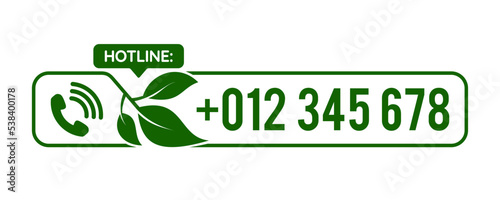 Hotline Support Service call number design with green leaf frame. for icon, logo, label, insigna, seal, tag, sign, seal, symbol, badge, stamp, sticker, emblem, banner. Vector illustration