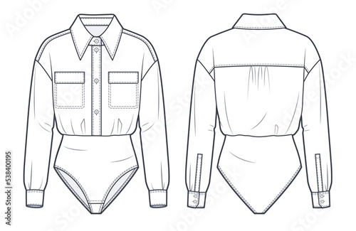 Women's Body technical fashion Illustration. Oversize Shirt fashion flat technical drawing template, button-down collar, long sleeves, pockets, front, back view, white, CAD mockup. .