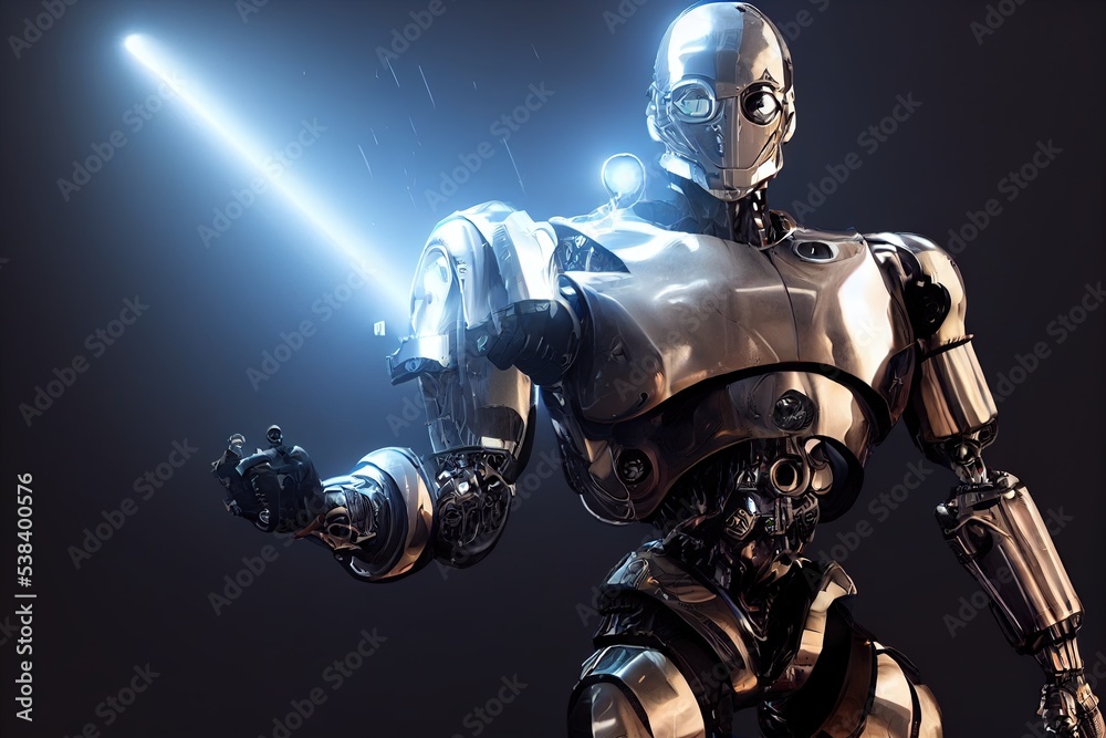 Cyborg 3D illustration with dramatic futuristic lighting in an action position Poster design with copy space Cyborg 3D illustration with dramatic futuristic lighting in an action position Poster design with copy space