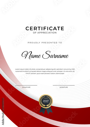 Certificate of achievement red template design with gold badge and border for business, award, honor and school