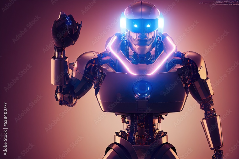 Cyborg 3D illustration with dramatic futuristic lighting in an action position Poster design with copy space 