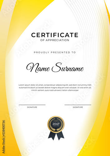 Certificate of achievement orange yellow template design with gold badge and border for business, award, honor and school