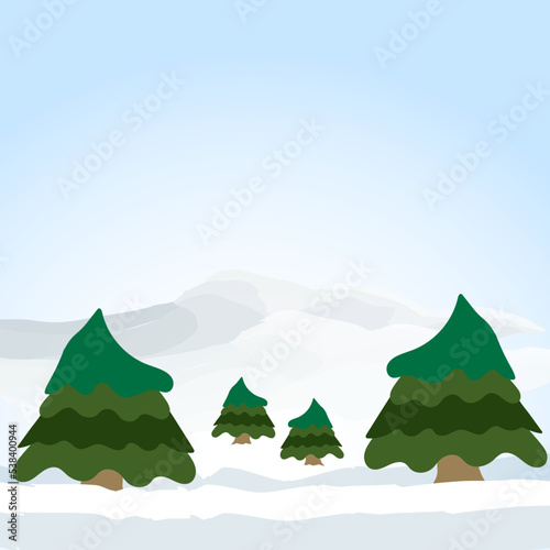 Winter drawing with Christmas tree  iceberg  snow background.