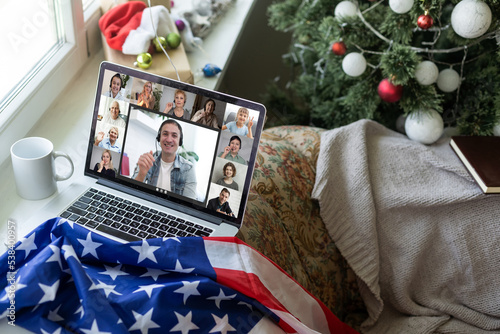 video call with family at christmas eve - Home isolated for coronavirus - Concept of social distance. © Angelov