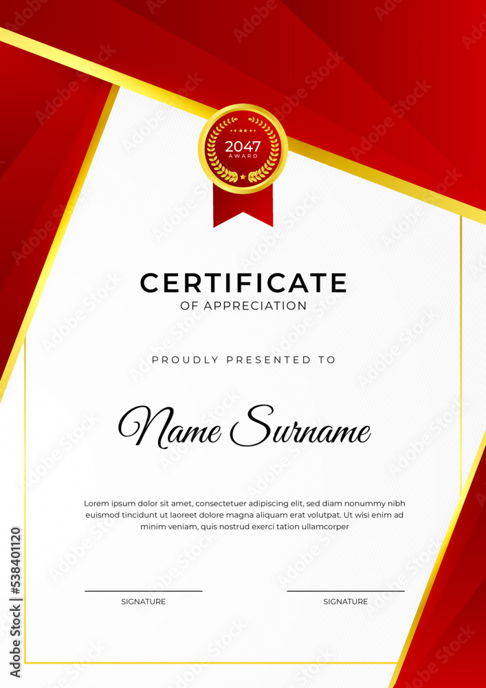 Certificate of achievement red template design with gold badge and border for business, award, honor and school