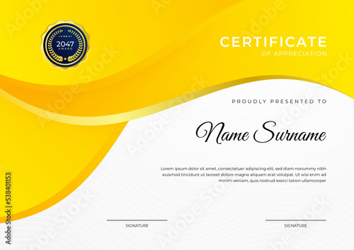 Certificate of achievement orange yellow template design with gold badge and border for business, award, honor and school