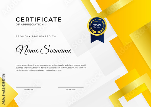 Certificate of achievement orange yellow template design with gold badge and border for business, award, honor and school