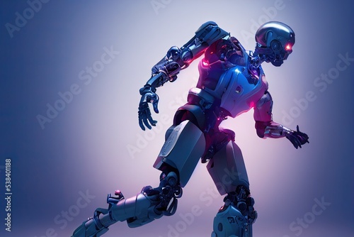 Cyborg 3D illustration with dramatic futuristic lighting in an action position Poster design with copy space  © Ecleposs