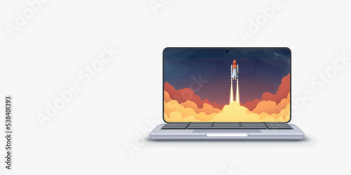 launching rocket on screen of new laptop