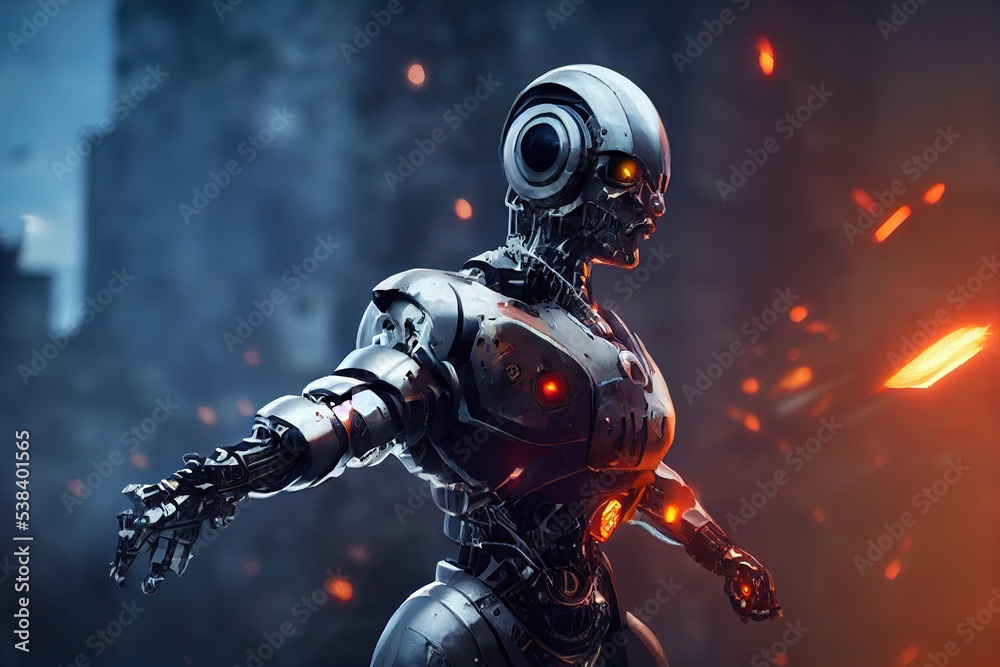 Fototapeta premium Cyborg 3D illustration with dramatic futuristic lighting in an action position Poster design with copy space 